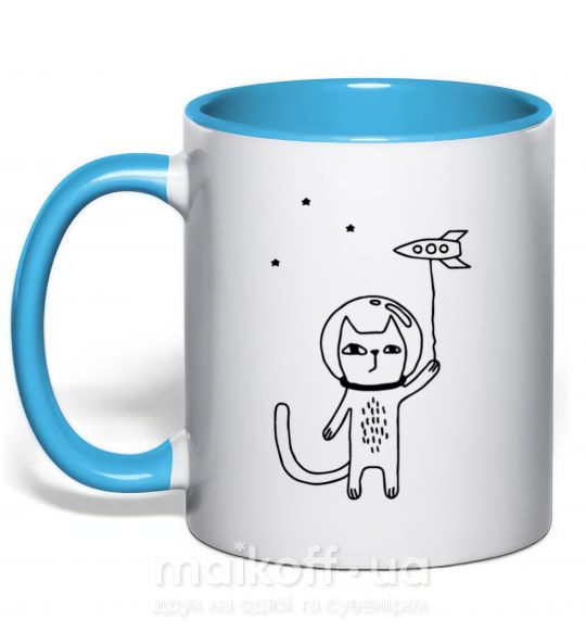 Чашка з кольоровою ручкою Cat in space Блакитний фото