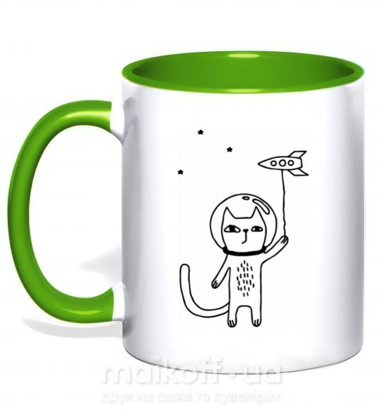 Чашка з кольоровою ручкою Cat in space Зелений фото