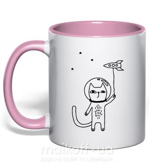 Чашка з кольоровою ручкою Cat in space Ніжно рожевий фото