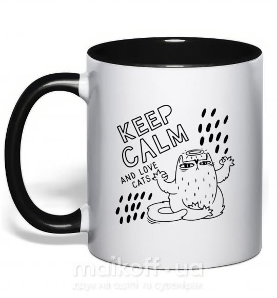 Чашка з кольоровою ручкою Keep calm and love cats Чорний фото
