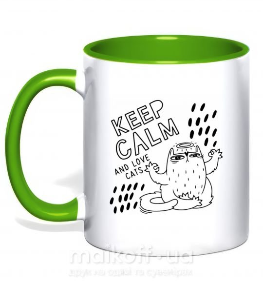 Чашка з кольоровою ручкою Keep calm and love cats Зелений фото