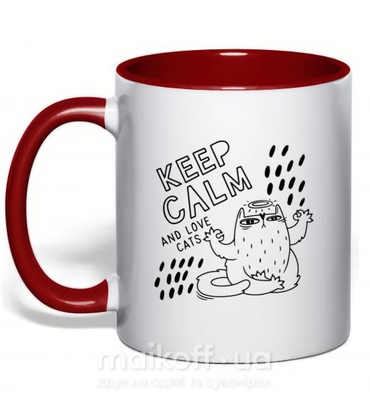 Чашка с цветной ручкой Keep calm and love cats Красный фото