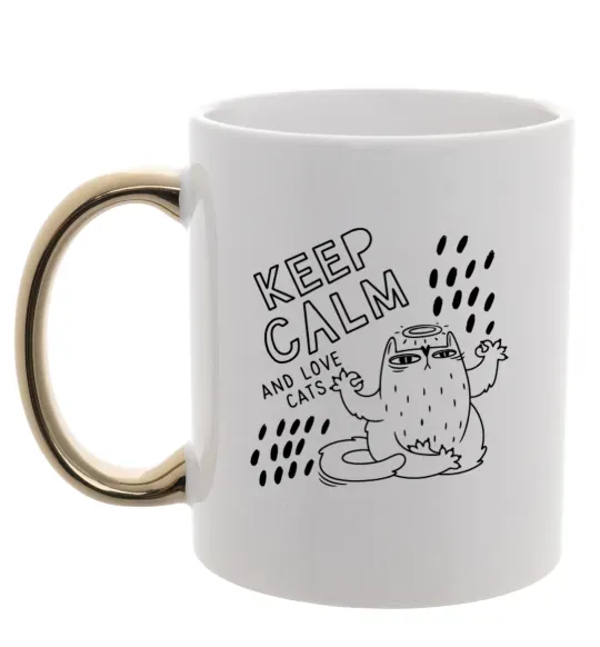 Чашка с цветной ручкой Keep calm and love cats Золото фото
