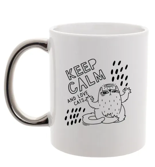 Чашка с цветной ручкой Keep calm and love cats Серебро фото