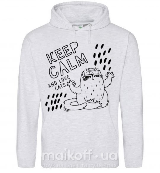 Мужская толстовка (худи) Keep calm and love cats Серый меланж фото