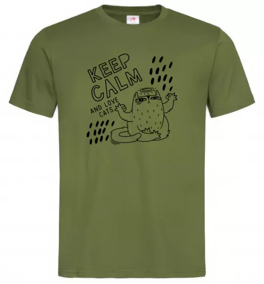 Мужская футболка Keep calm and love cats Оливковый фото