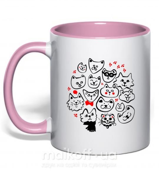 Чашка з кольоровою ручкою Cat's faces Ніжно рожевий фото