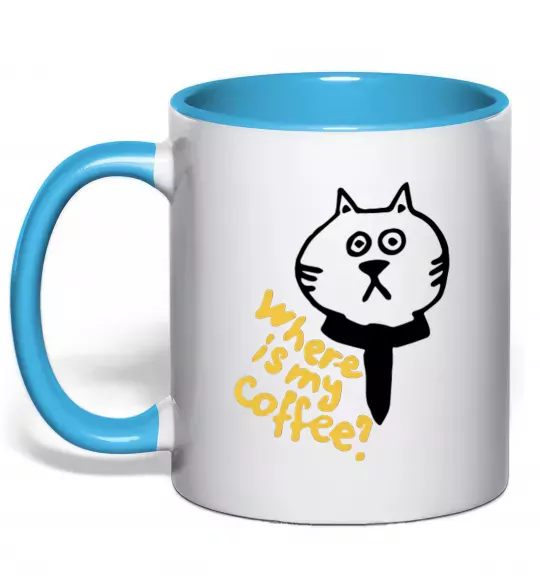 Чашка з кольоровою ручкою Where is my coffee Блакитний фото