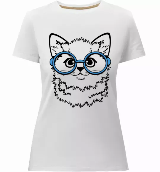 Женская премиум футболка Кitten in blue glasses Белый фото