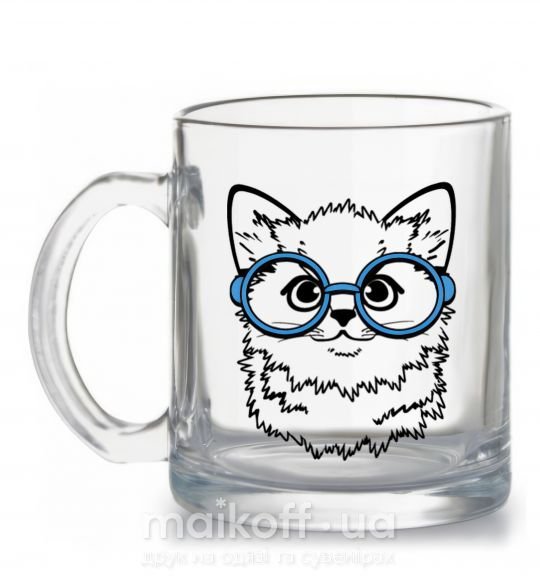 Чашка скляна Кitten in blue glasses Прозорий фото