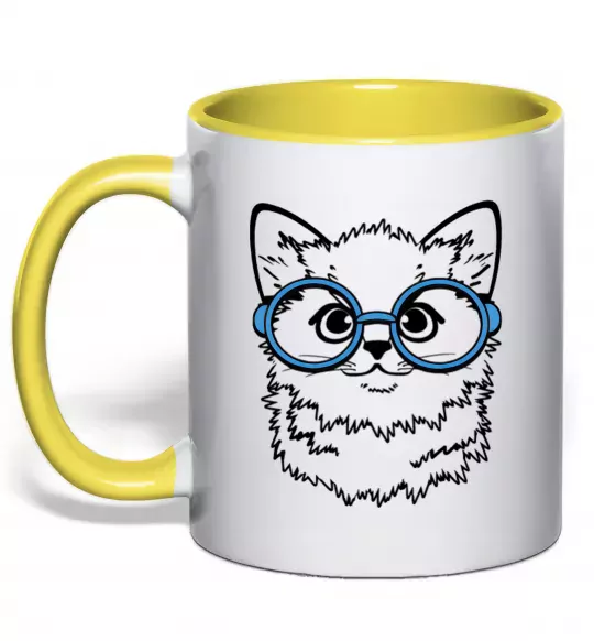 Чашка с цветной ручкой Кitten in blue glasses Солнечно желтый фото