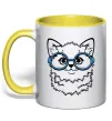 Чашка с цветной ручкой Кitten in blue glasses Солнечно желтый Чашка с цветной ручкой Кitten in blue glasses Солнечно желтый фото