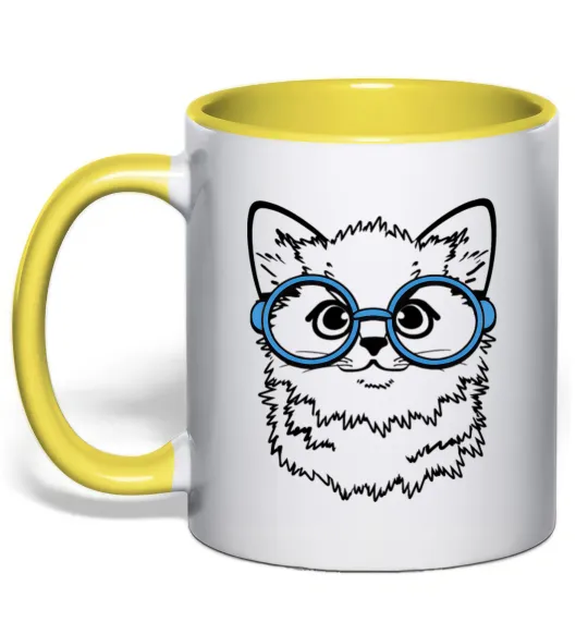 Чашка с цветной ручкой Кitten in blue glasses Лимонный фото