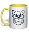 Чашка с цветной ручкой Кitten in blue glasses Лимонный Чашка с цветной ручкой Кitten in blue glasses Лимонный фото