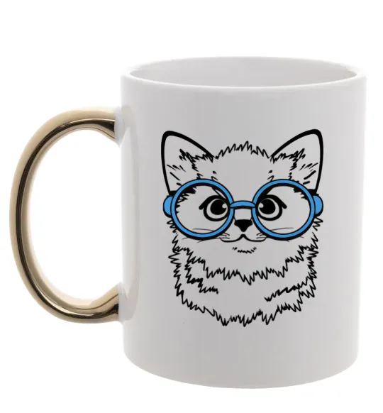 Чашка с цветной ручкой Кitten in blue glasses Золото фото