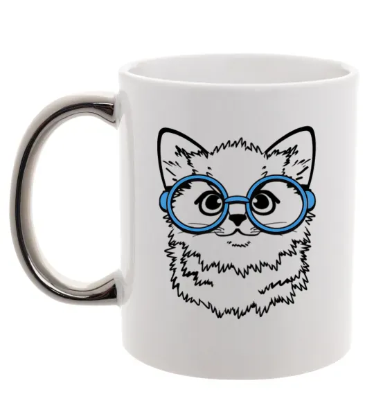 Чашка с цветной ручкой Кitten in blue glasses Серебро фото