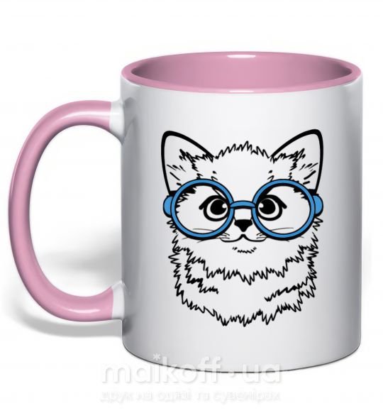 Чашка с цветной ручкой Кitten in blue glasses Нежно розовый фото