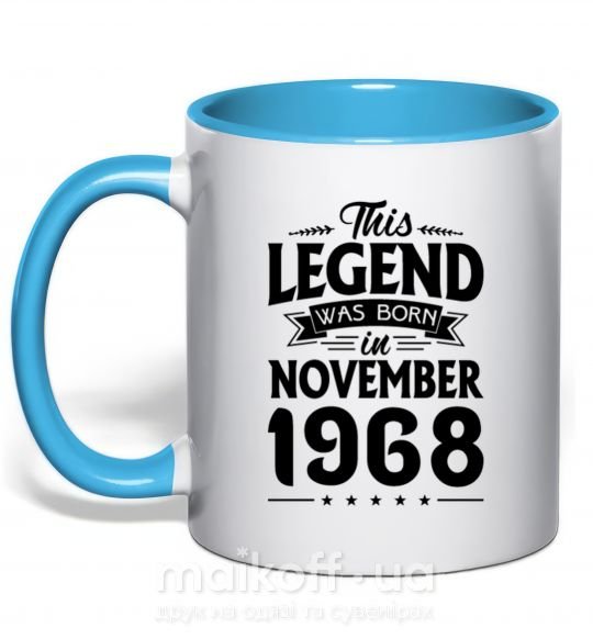 Чашка с цветной ручкой This Legend was born in November 1968 Голубой фото