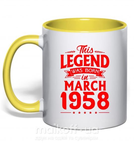 Чашка з кольоровою ручкою This Legend was born in March 1958 Сонячно жовтий фото