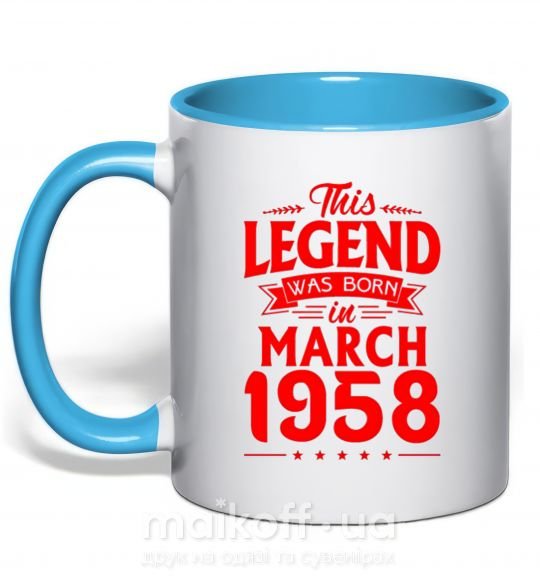Чашка з кольоровою ручкою This Legend was born in March 1958 Блакитний фото