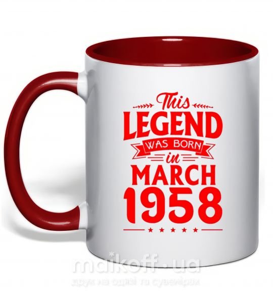 Чашка с цветной ручкой This Legend was born in March 1958 Красный фото