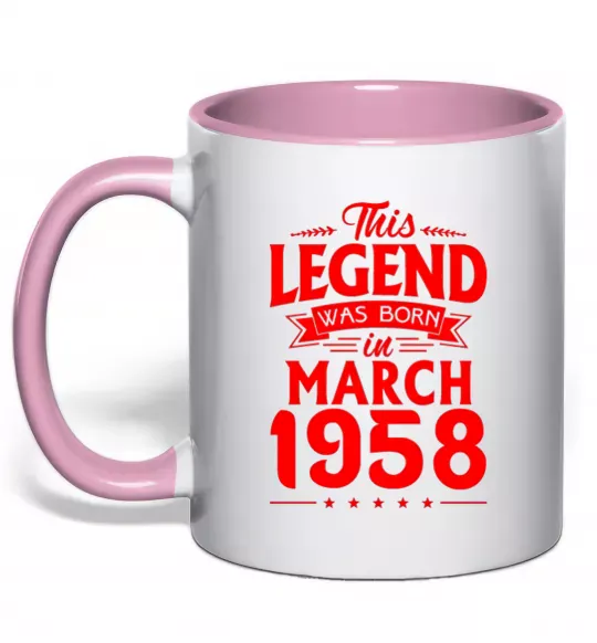 Чашка с цветной ручкой This Legend was born in March 1958 Нежно розовый фото