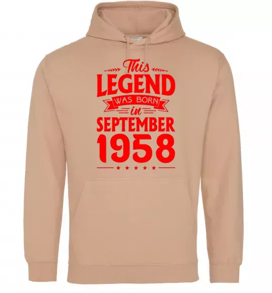 Мужская толстовка (худи) This Legend was born in September 1958 Песочный фото