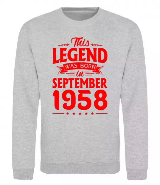 Світшот This Legend was born in September 1958 Сірий меланж фото