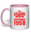 Чашка з кольоровою ручкою This Legend was born in September 1958 Ніжно рожевий фото