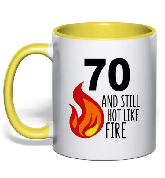 Чашка с цветной ручкой 70 and still hot like fire Лимонный фото
