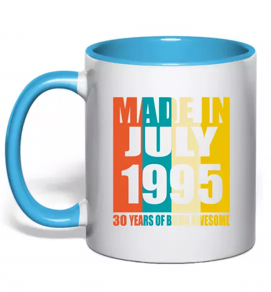 Чашка с цветной ручкой Made in July 1995 30 years of being awesome Голубой фото