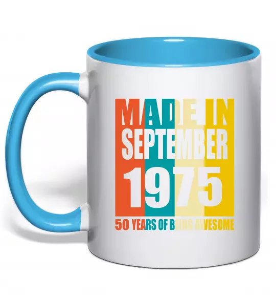 Чашка с цветной ручкой Made in September 1975 50 years of being awesome Голубой фото