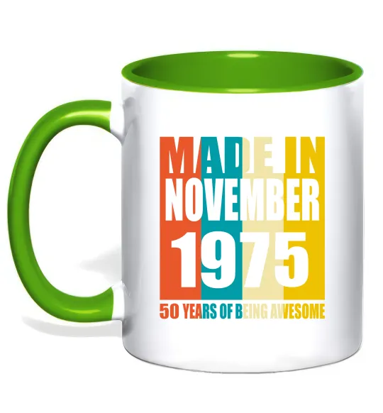 Чашка с цветной ручкой Made in November 1975 50 years of being awesome Лаймовый фото