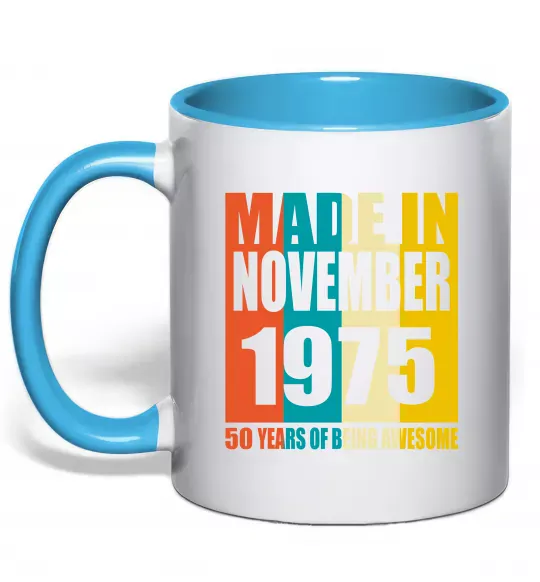 Чашка с цветной ручкой Made in November 1975 50 years of being awesome Голубой фото