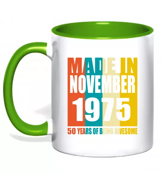 Чашка с цветной ручкой Made in November 1975 50 years of being awesome Зеленый фото