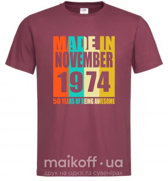 Мужская футболка Made in November 1974 50 years of being awesome Бордовый фото