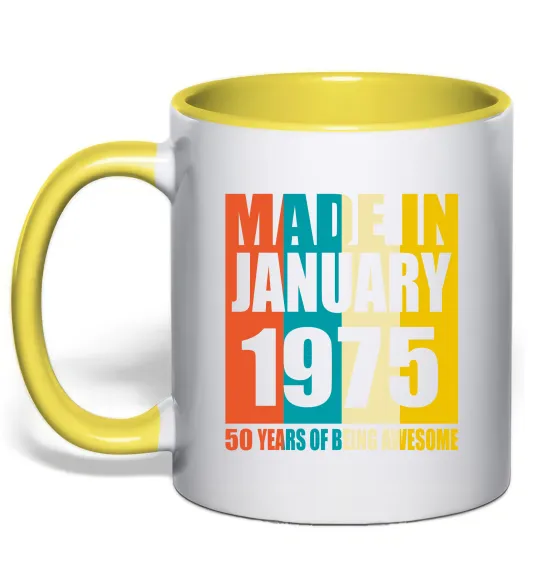 Чашка с цветной ручкой Made in January 1975 50 years of being awesome Лимонный фото
