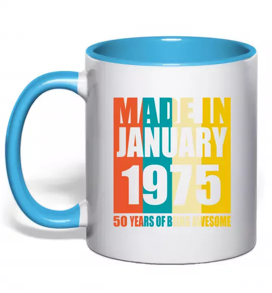 Чашка з кольоровою ручкою Made in January 1975 50 years of being awesome Блакитний фото