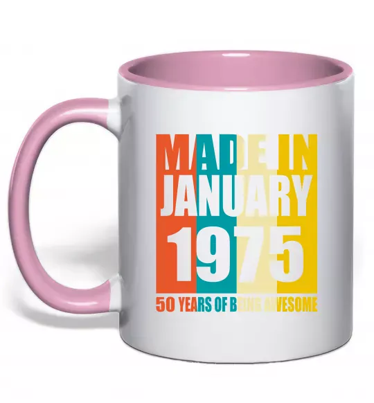 Чашка з кольоровою ручкою Made in January 1975 50 years of being awesome Ніжно рожевий фото
