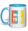 Чашка з кольоровою ручкою Made in May 1975 50 years of being awesome Блакитний фото