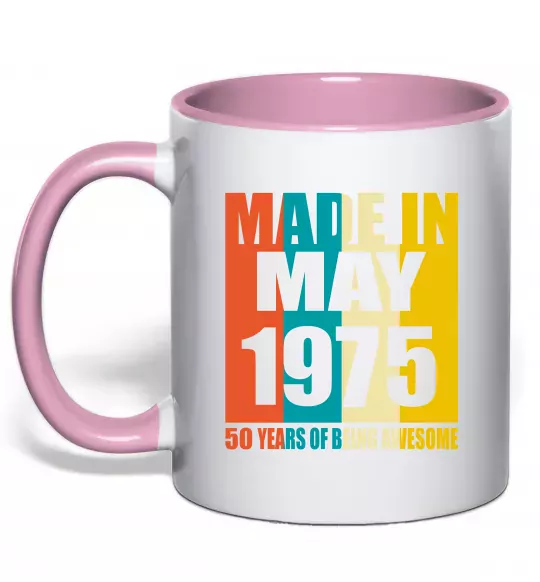 Чашка з кольоровою ручкою Made in May 1975 50 years of being awesome Ніжно рожевий фото
