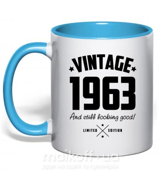 Чашка з кольоровою ручкою Vintage 1963 and still looking good Блакитний фото