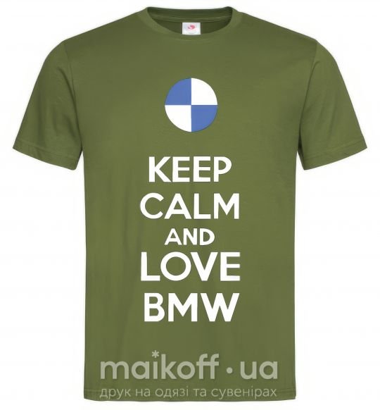 Чоловіча футболка Keep calm and love BMW Оливковий фото