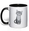 Чашка с цветной ручкой Серый котик Черный фото