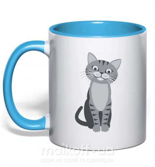 Чашка с цветной ручкой Серый котик Голубой фото