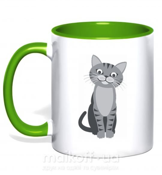 Чашка с цветной ручкой Серый котик Зеленый фото