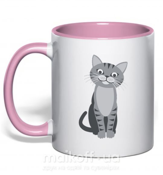 Чашка з кольоровою ручкою Серый котик Ніжно рожевий фото