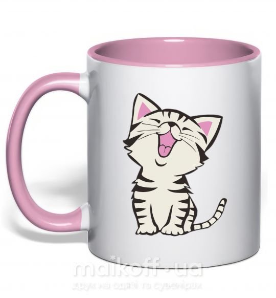 Чашка с цветной ручкой Котенок зевает Нежно розовый фото