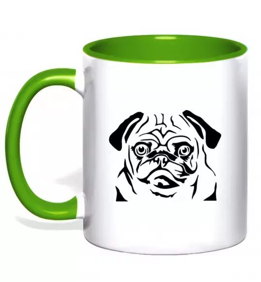 Чашка с цветной ручкой Морда мопса Зеленый фото