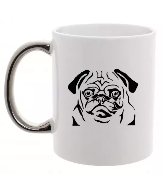 Чашка с цветной ручкой Морда мопса Серебро фото